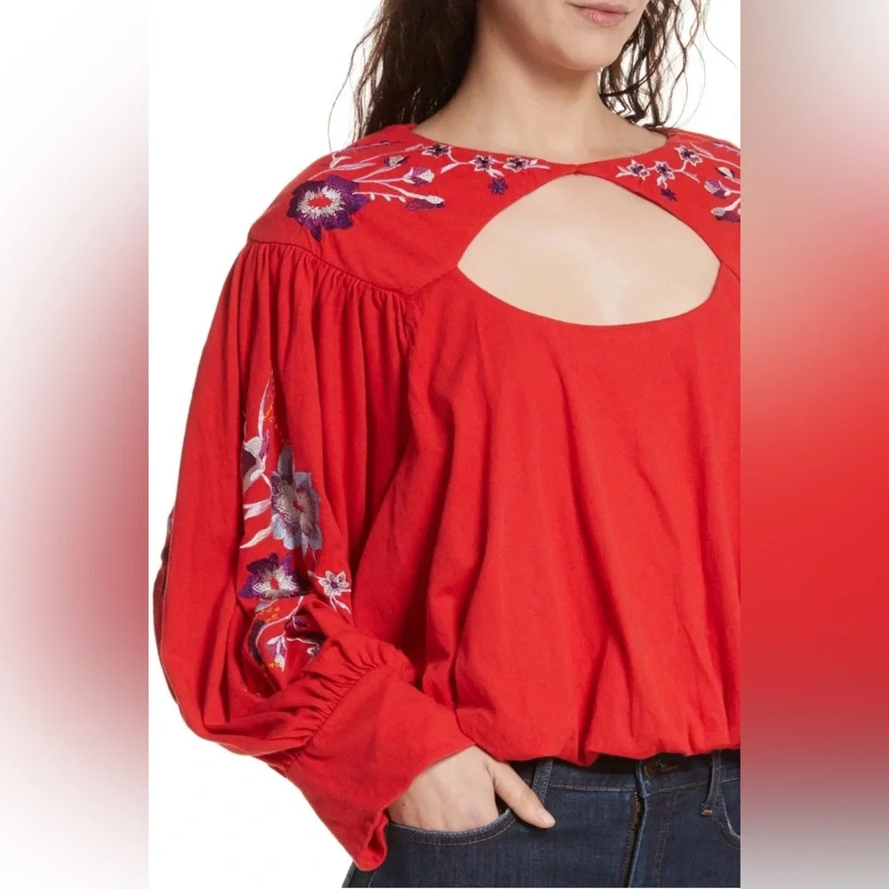 Free People Red Floral Embroidered Blouse